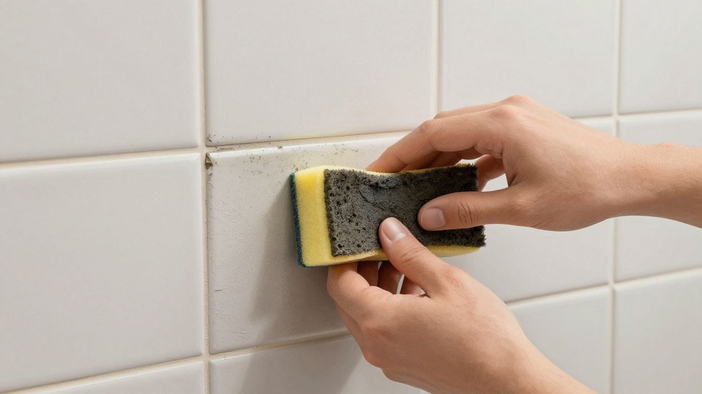 Applying grout to a tiled backsplash.