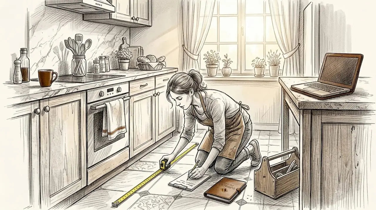 Homeowner measuring tiles in bathroom