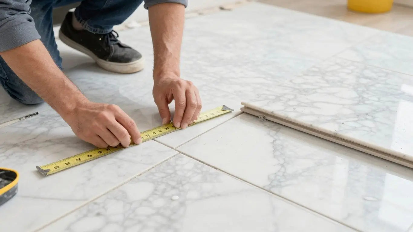 Marble tile installation and sealing process sketch.